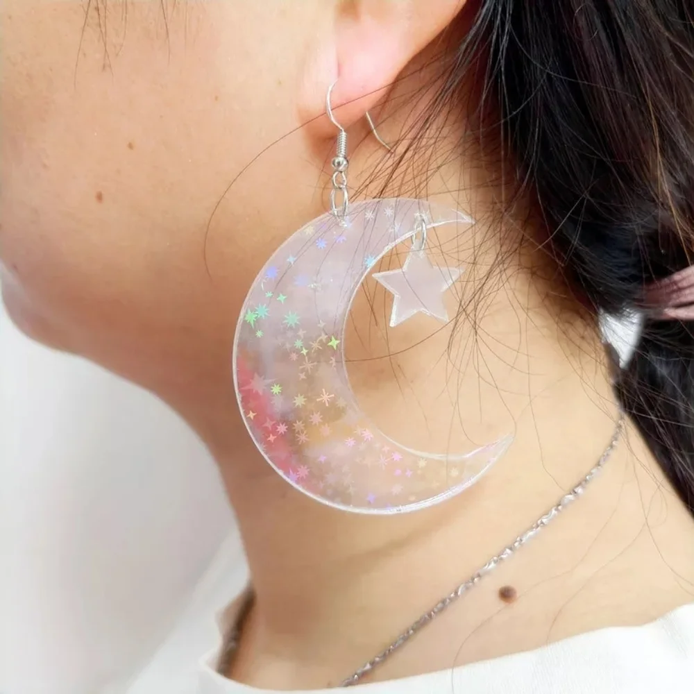 Cat on a Crescent Moon Acrylic Statement Earrings